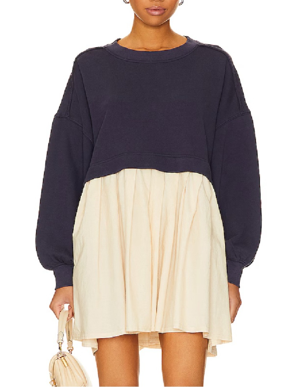 Free People Womn L Navy Tempest Combo Long Sleeve Eleanor Sweatshirt Tunic Dress